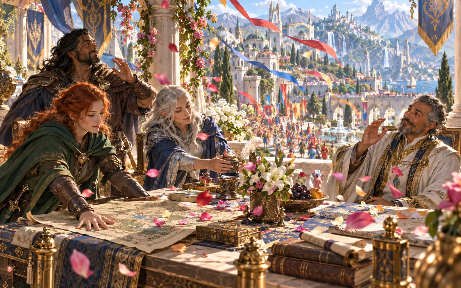 Travellers try to review a map on a palace terrace as celebration petals and ribbons fill the air.