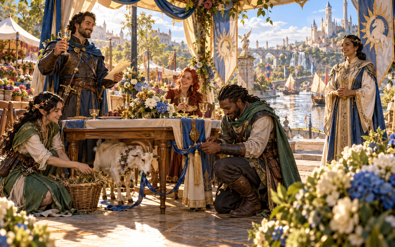 Companions calmly handle a goat beneath a riverside celebration table while a toast continues.