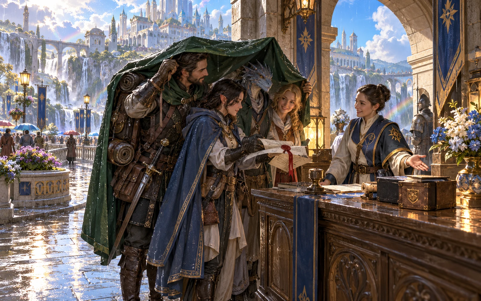 Travellers shelter their documents from rain while preparing for a fantasy bridge checkpoint.